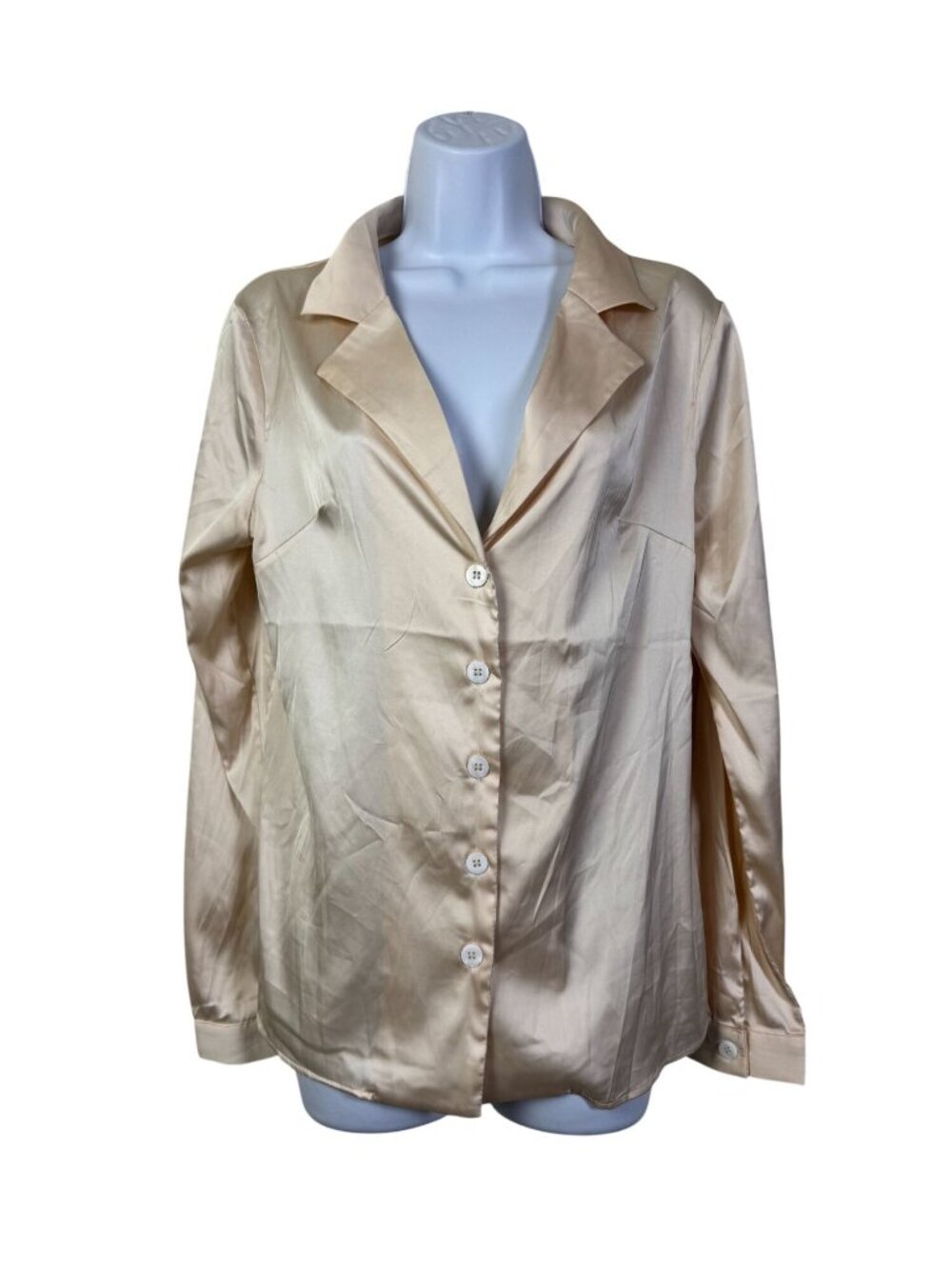 Lioness Beige Cream Satin Button Up Collared Shirt Top Women Small Long Sleeve